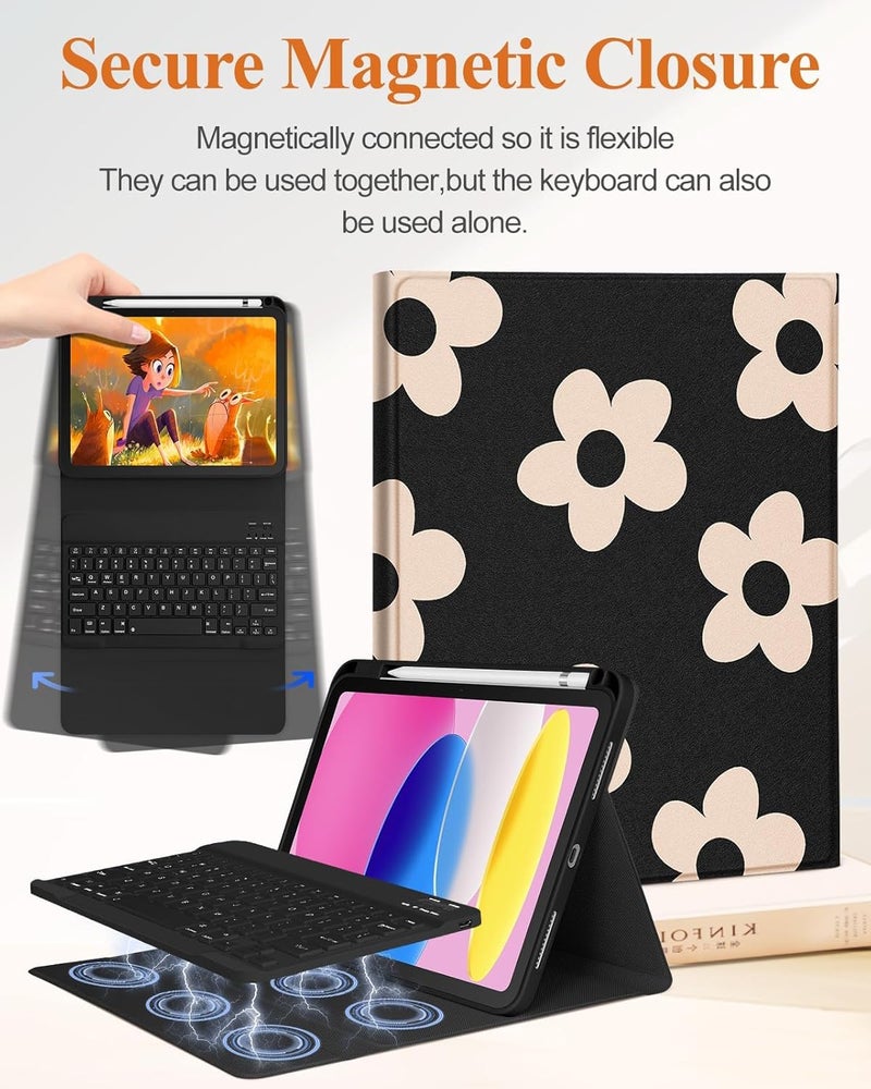 Wazzasoft for iPad 10th Generation Case with Keyboard - for iPad A16 Cases Pencil Holder 10.9 Inch Cover Women Girls Cute Girly Black Flower Unique Design Funda for Apple Tablet 10th/11th gen - Image 4